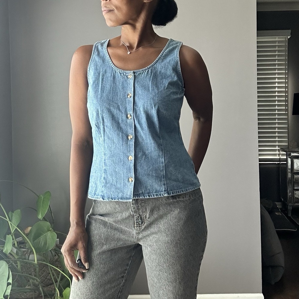 Vintage Maurices Denim Button Up Tank Top Womens L Medium Wash Blue Cotton - Picture 7 of 7